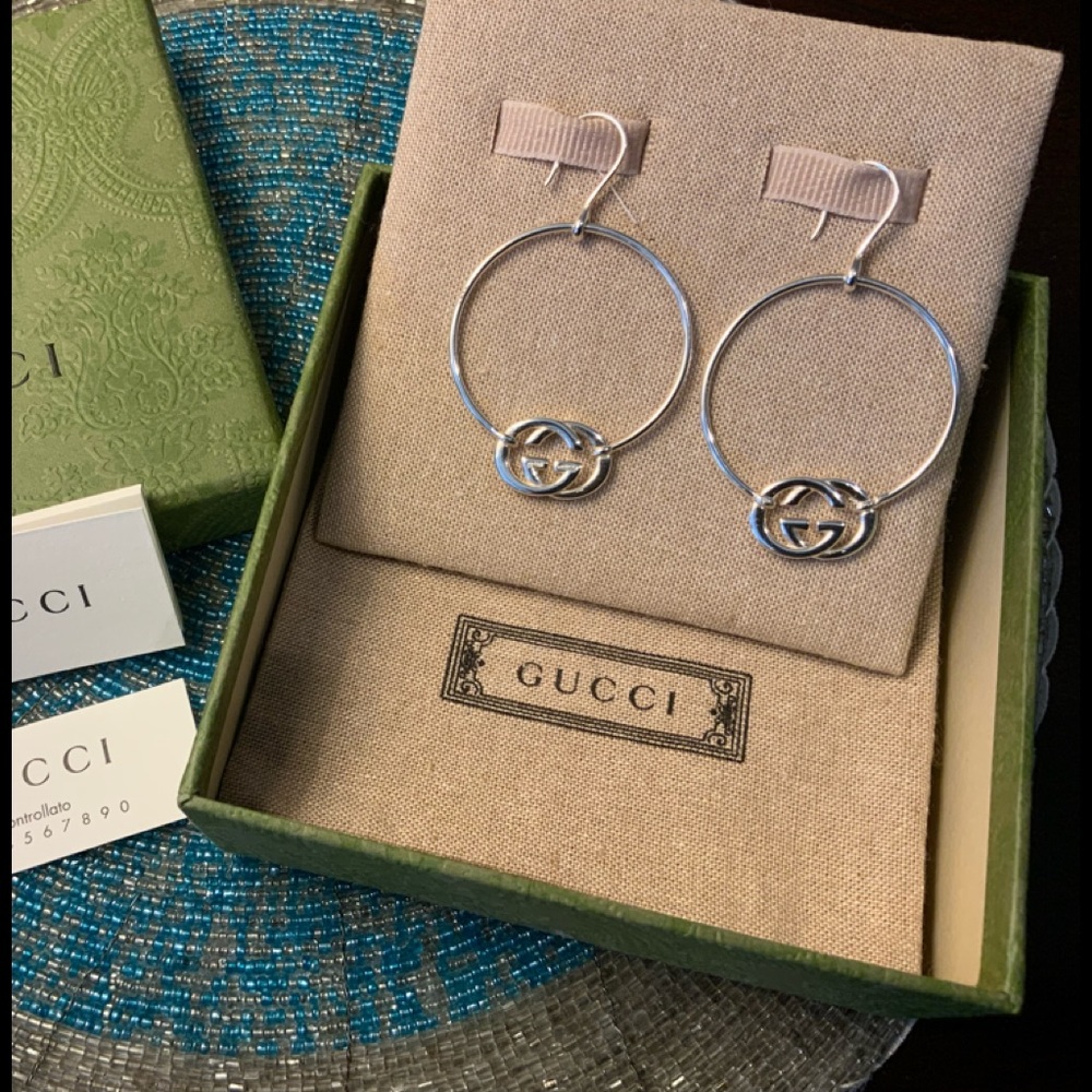 NWT Sterling Silver Gucci GG Logo Britt Hoops